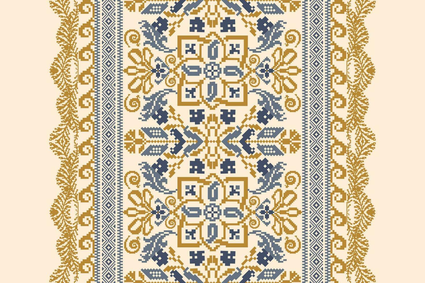 Floral Cross Stitch Embroidery on cream background.geometric ethnic oriental pattern traditional.Aztec style abstract vector illustration.design for texture,fabric,clothing,wrapping,decoration,carpet.