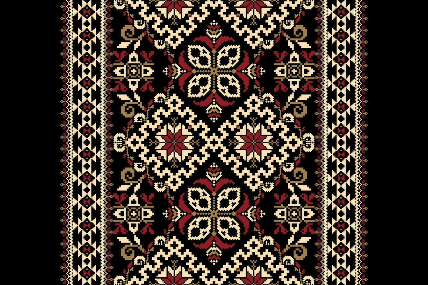 Floral Cross Stitch Embroidery on black background.geometric ethnic oriental pattern traditional.Aztec style abstract vector illustration.design for texture,fabric,wrapping,clothing,decoration,scarf.