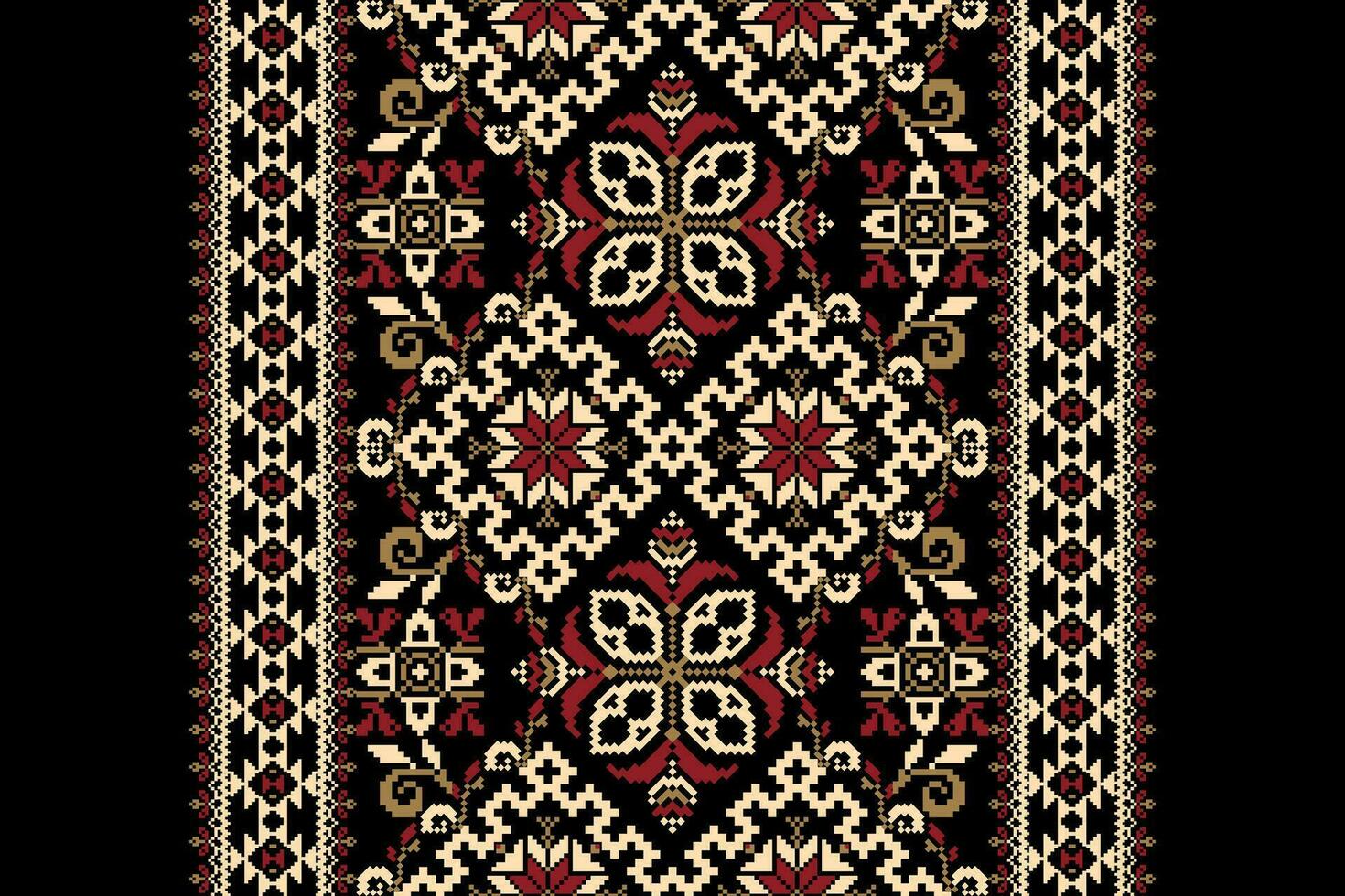 Floral Cross Stitch Embroidery on black background.geometric ethnic oriental pattern traditional.Aztec style abstract vector illustration.design for texture,fabric,wrapping,clothing,decoration,scarf.