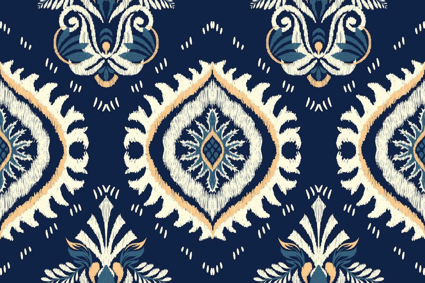 Ikat floral paisley embroidery on navy blue background.Ikat ethnic oriental seamless pattern traditional.Aztec style abstract vector illustration.design for texture,fabric,clothing,wrapping,decoration