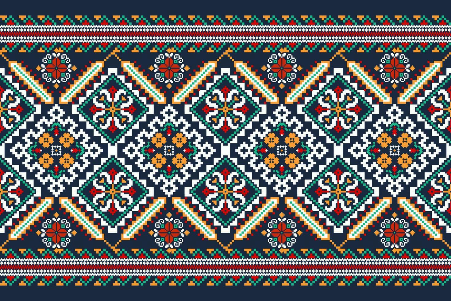 Floral Cross Stitch Embroidery on blue background.geometric ethnic oriental pattern traditional.Aztec style abstract vector illustration.design for texture,fabric,clothing,wrapping,decoration,scarf.