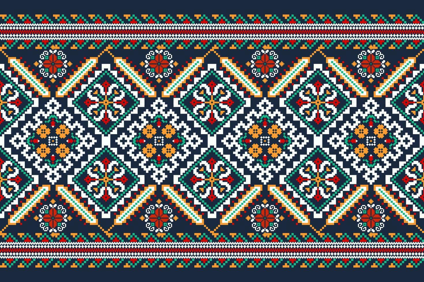 Floral Cross Stitch Embroidery on blue background.geometric ethnic oriental pattern traditional.Aztec style abstract vector illustration.design for texture,fabric,clothing,wrapping,decoration,scarf.