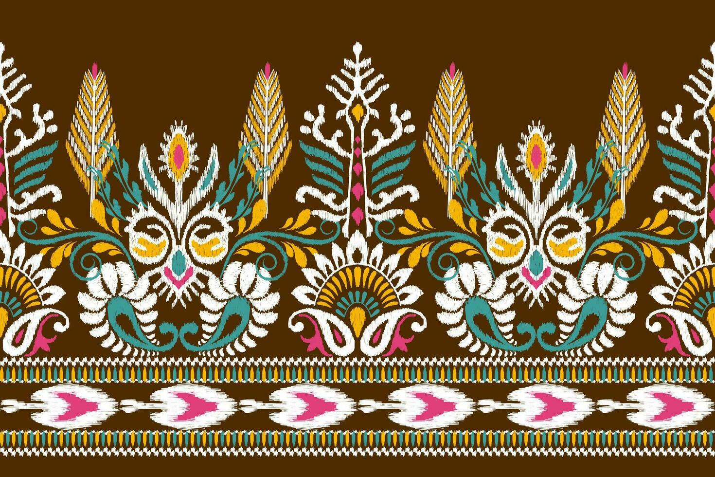 Ikat floral paisley embroidery on brown background.Ikat ethnic oriental pattern traditional.Aztec style abstract vector illustration.design for texture,fabric,clothing,wrapping,decoration,scarf,sarong