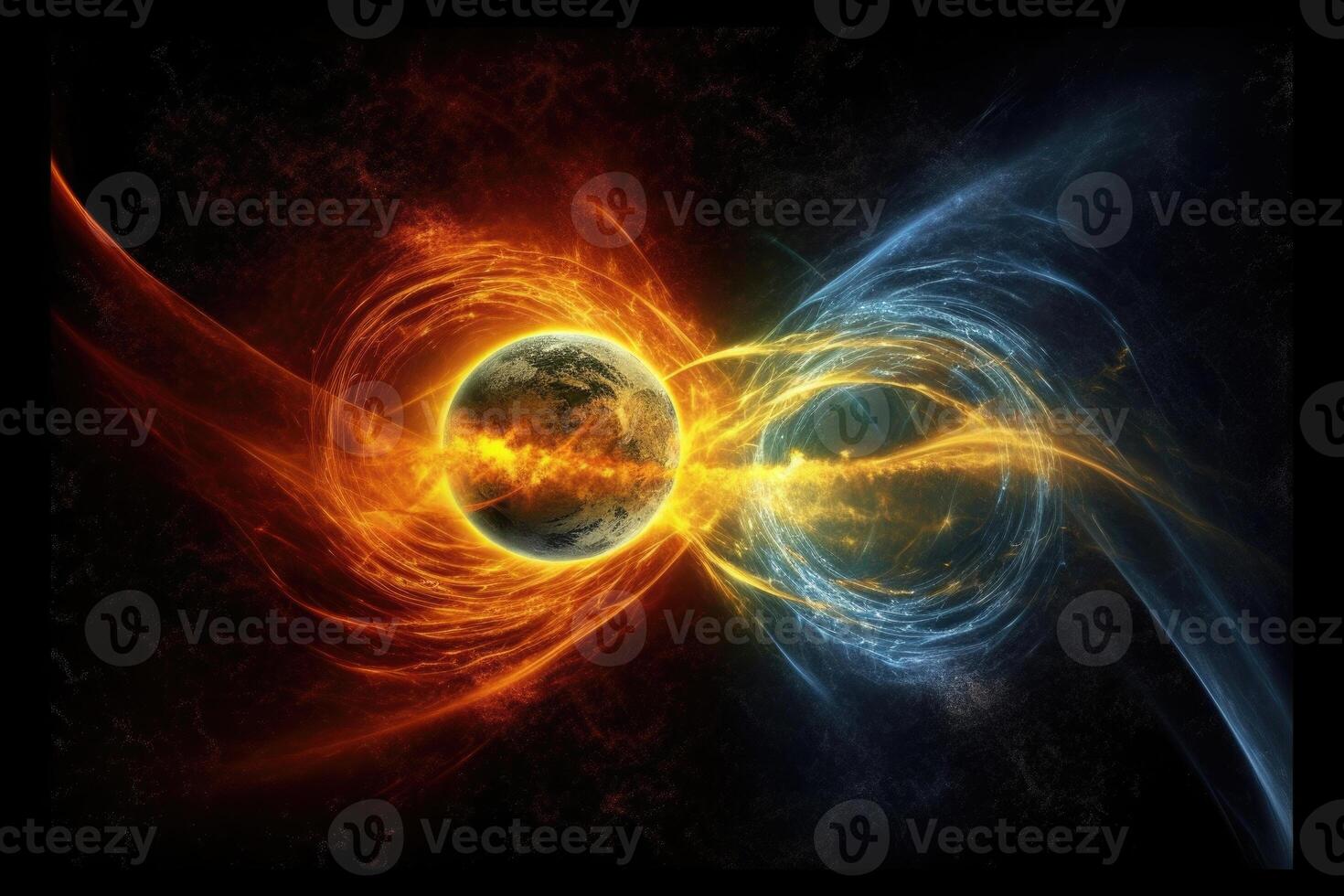 Planet near star in outer space. Solar wind and radiation. photo