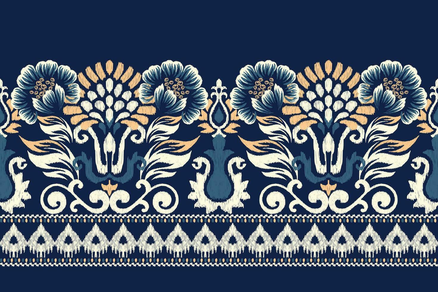 Ikat floral paisley embroidery on navy blue background.Ikat ethnic oriental pattern traditional.Aztec style abstract vector illustration.design for texture,fabric,clothing,wrapping,decoration,sarong.