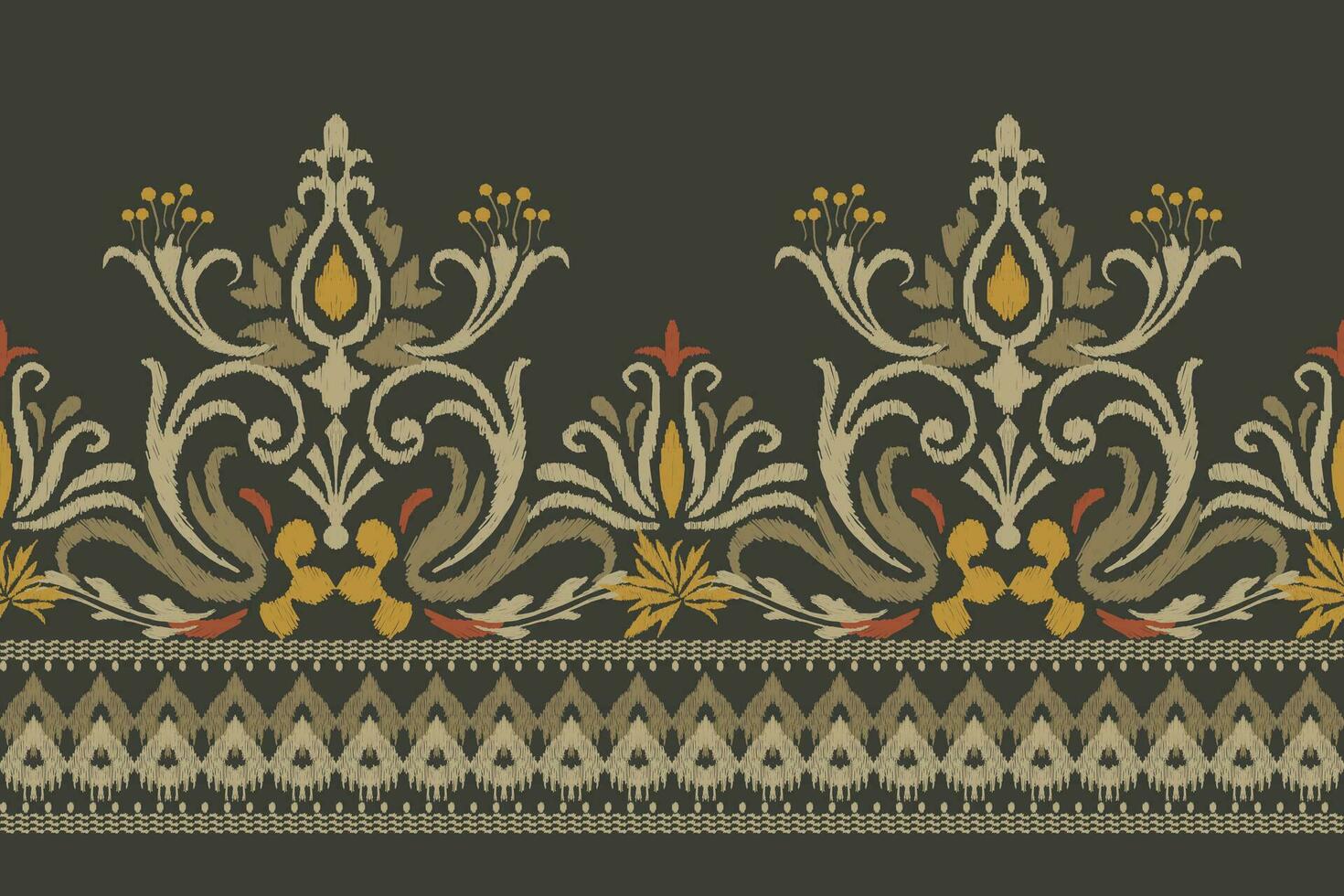 Ikat floral paisley embroidery on dark green background.Ikat ethnic oriental pattern traditional.Aztec style abstract vector illustration.design for texture,fabric,clothing,wrapping,decoration,sarong.