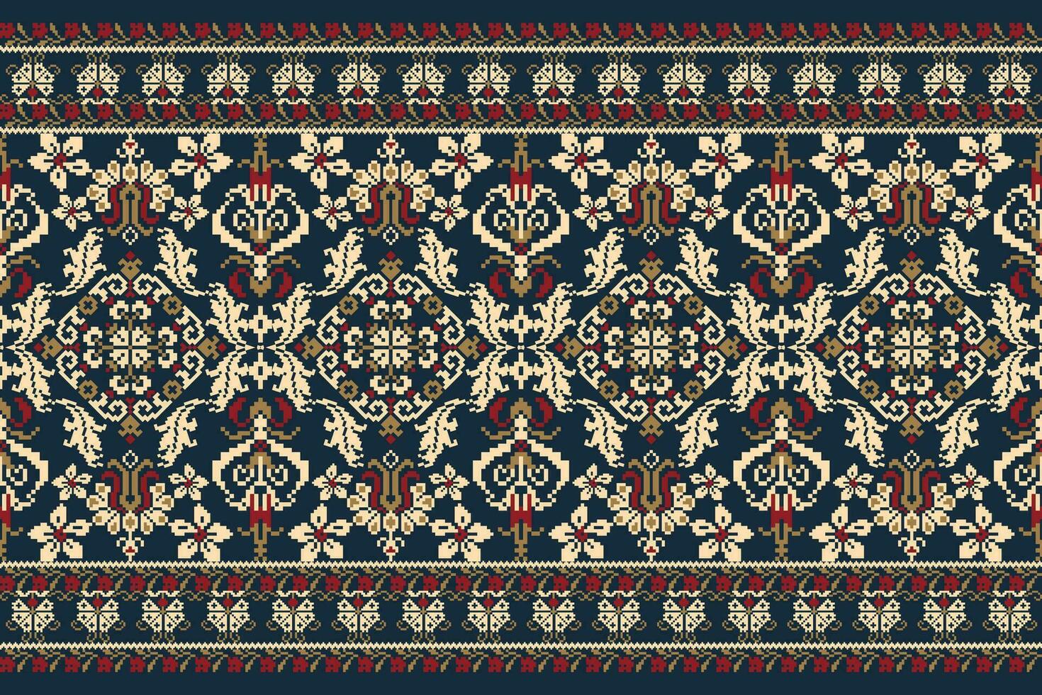Floral Cross Stitch Embroidery on navy blue background.geometric ethnic oriental pattern traditional.Aztec style abstract vector illustration.design for texture,fabric,clothing,wrapping,decoration.