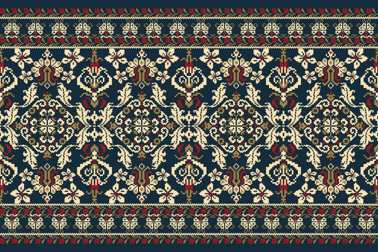 Floral Cross Stitch Embroidery on navy blue background.geometric ethnic oriental pattern traditional.Aztec style abstract vector illustration.design for texture,fabric,clothing,wrapping,decoration.