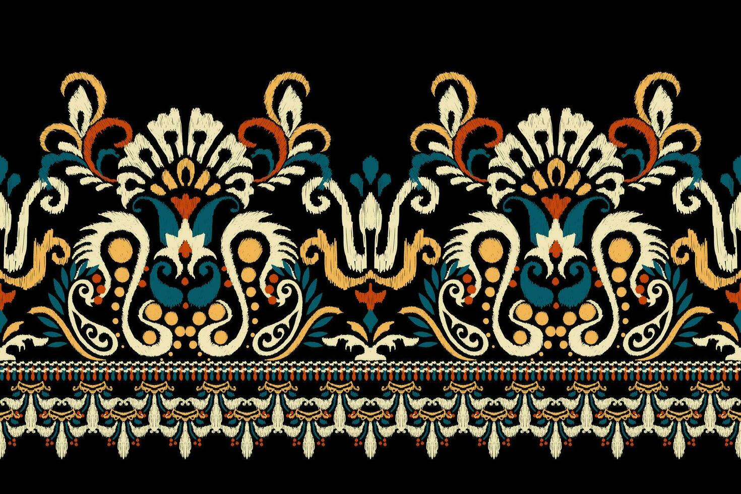 ikat floral cachemir bordado en negro fondo.ikat étnico oriental modelo tradicional.azteca estilo resumen vector ilustración.diseño para textura,tela,ropa,envoltura,decoración,pareo,bufanda