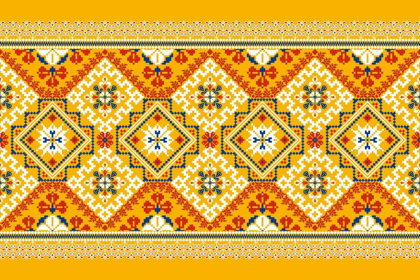 Floral Cross Stitch Embroidery on orange background.geometric ethnic oriental pattern traditional.Aztec style abstract vector illustration.design for texture,fabric,clothing,wrapping,decoration,carpet