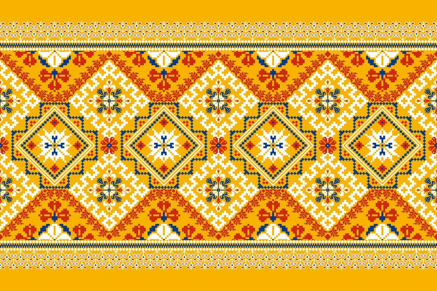 Floral Cross Stitch Embroidery on orange background.geometric ethnic oriental pattern traditional.Aztec style abstract vector illustration.design for texture,fabric,clothing,wrapping,decoration,carpet
