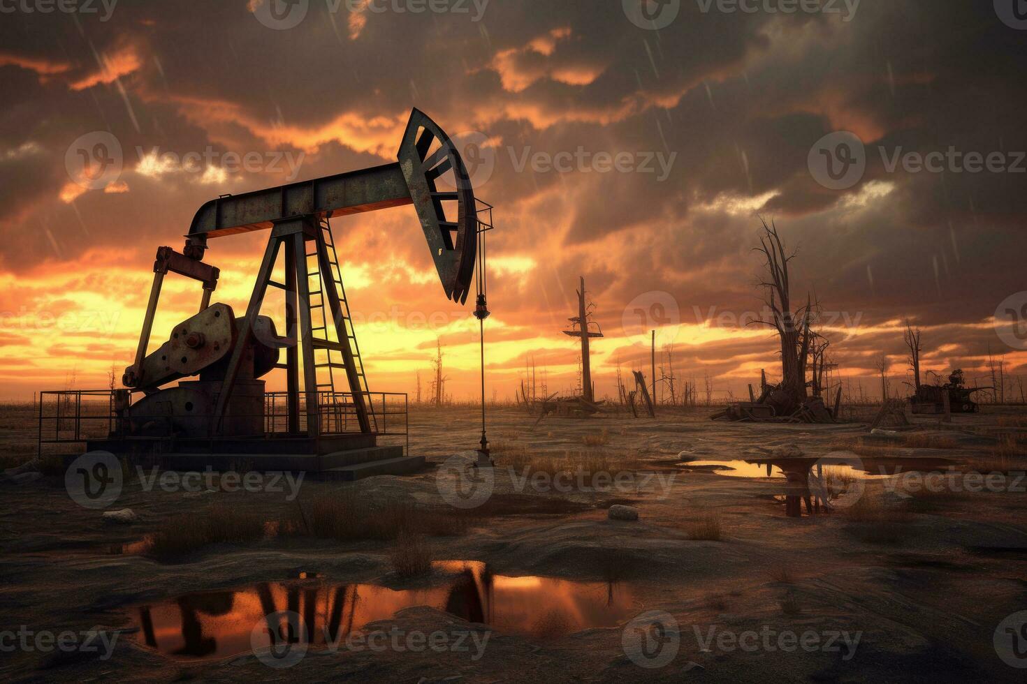 Silhouette of oil pumps at sunset. Energy crisis. Generative AI photo