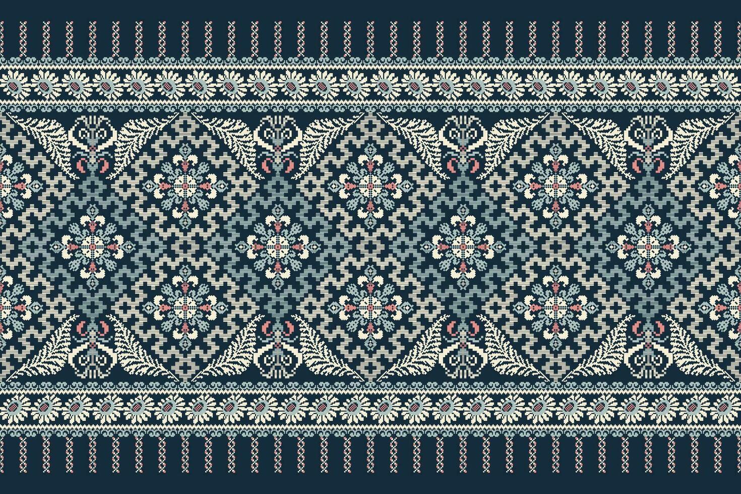Floral Cross Stitch Embroidery on blue background.geometric ethnic oriental pattern traditional.Aztec style abstract vector illustration.design for texture,fabric,clothing,wrapping,decoration,scarf.