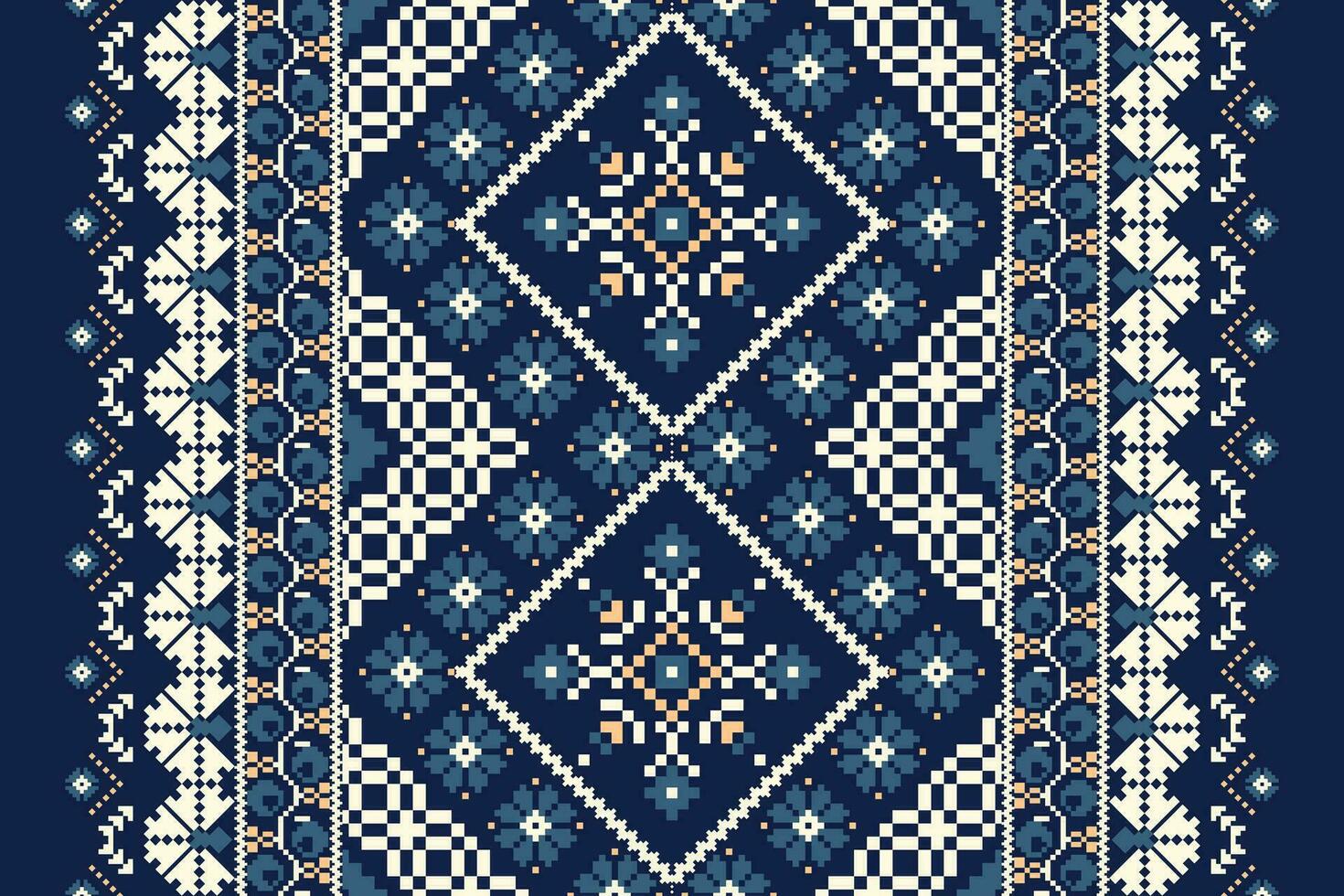Floral Cross Stitch Embroidery on navy blue background.geometric ethnic oriental pattern traditional.Aztec style abstract vector illustration.design for texture,fabric,clothing,wrapping,decoration.