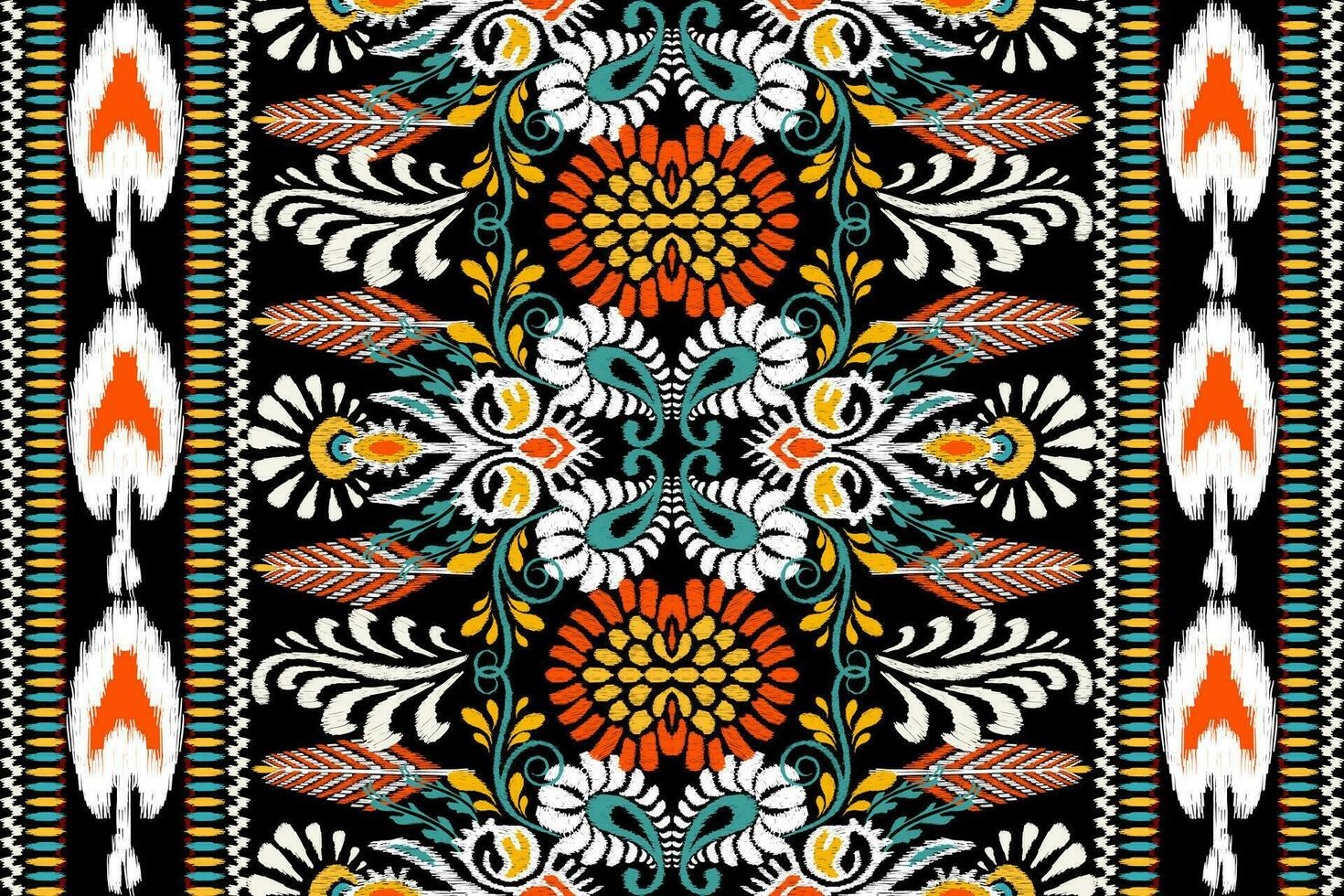 ikat floral cachemir bordado en negro fondo.ikat étnico oriental modelo tradicional.azteca estilo resumen vector ilustración.diseño para textura,tela,ropa,envoltura,decoración,bufanda,alfombra