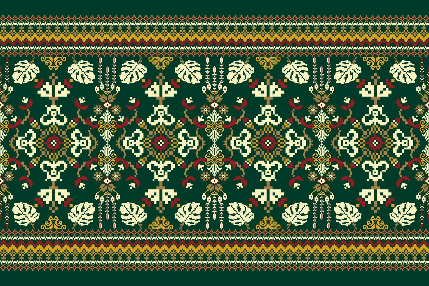Floral Cross Stitch Embroidery on green background.geometric ethnic oriental pattern traditional.Aztec style abstract vector illustration.design for texture,fabric,clothing,wrapping,decoration,scarf.