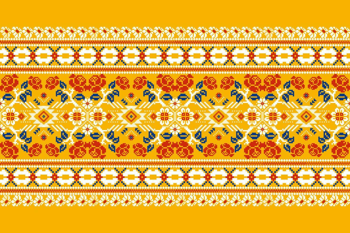 Floral Cross Stitch Embroidery on orange background.geometric ethnic oriental pattern traditional.Aztec style abstract vector illustration.design for texture,fabric,clothing,wrapping,decoration,carpet