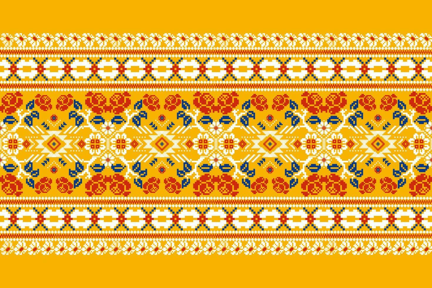 Floral Cross Stitch Embroidery on orange background.geometric ethnic oriental pattern traditional.Aztec style abstract vector illustration.design for texture,fabric,clothing,wrapping,decoration,carpet