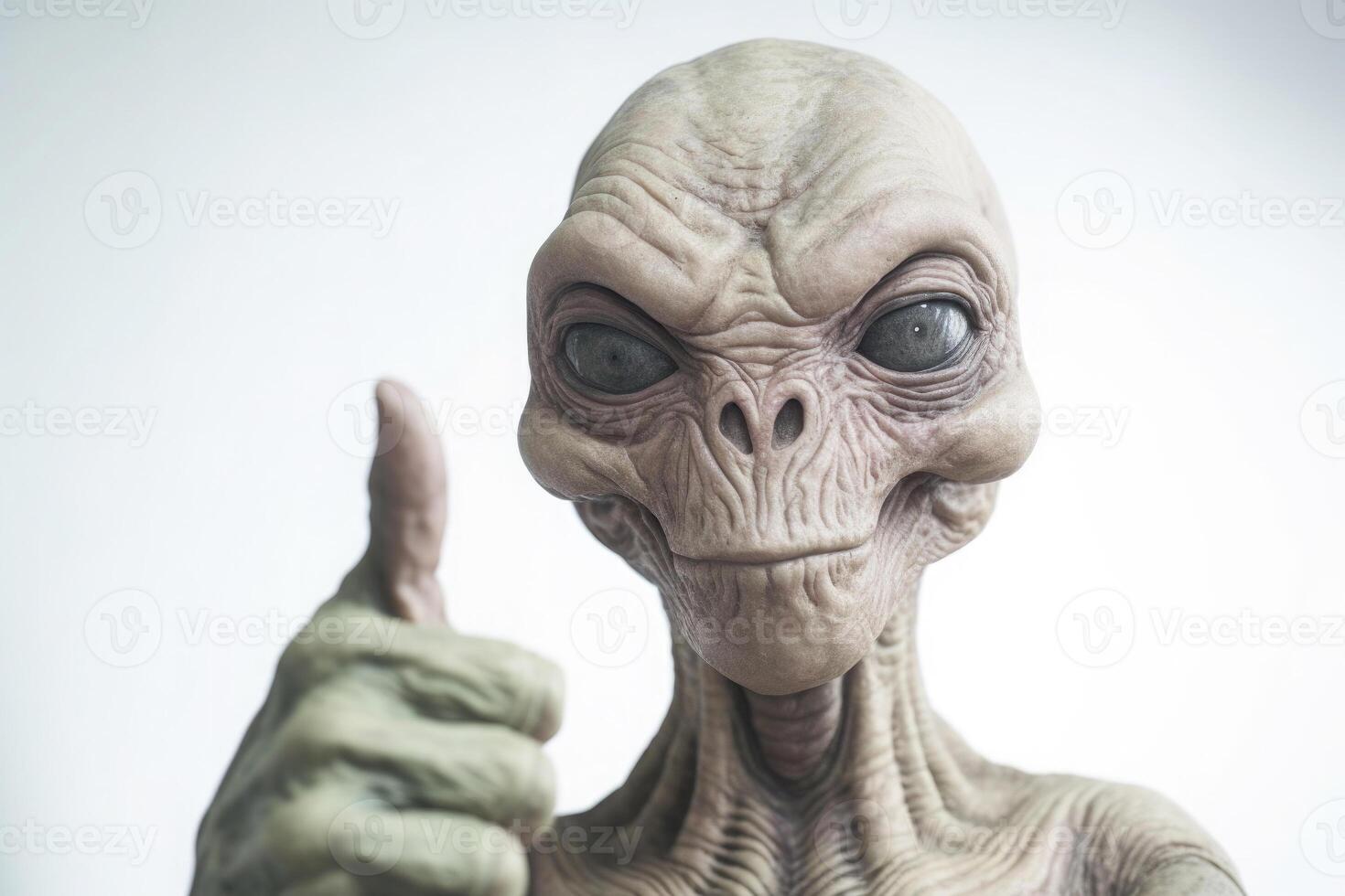 Alien humanoid shows thumb up gesture on white background. photo