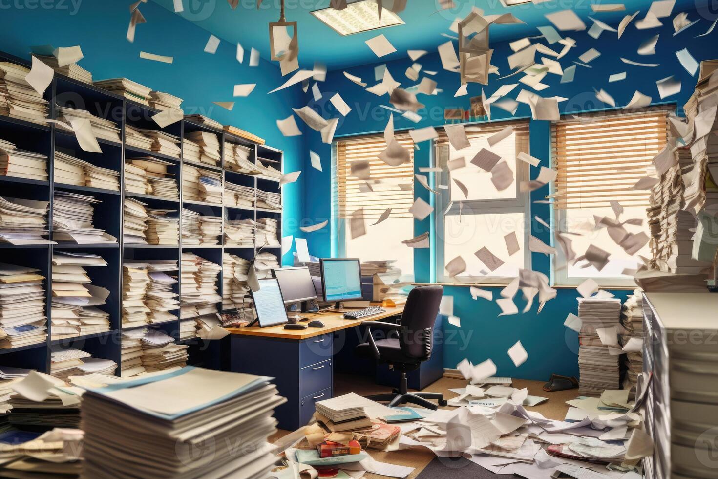 Documents flying over workplace. Clutter in office. photo