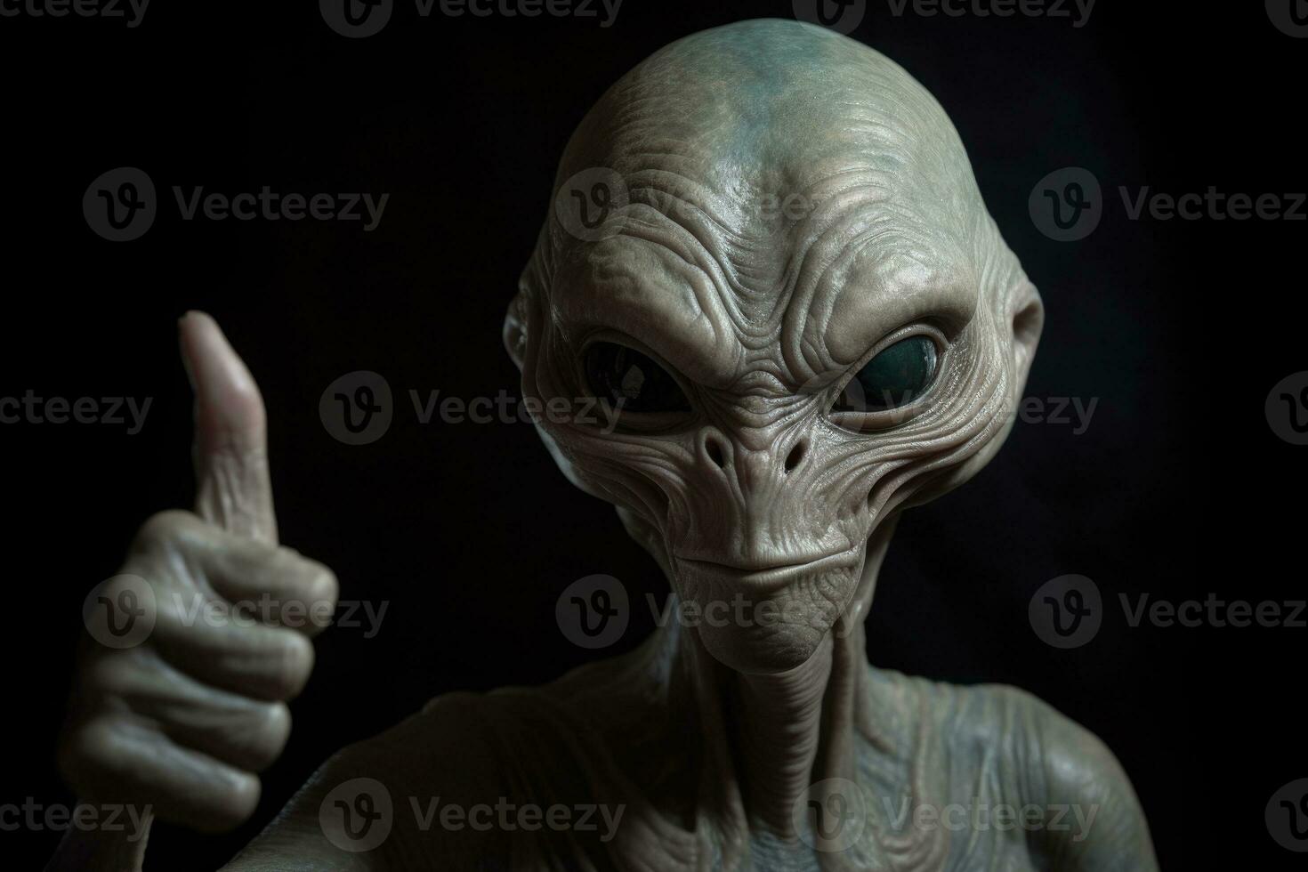 extraterrestre humanoide muestra pulgar arriba gesto en oscuro antecedentes. generativo ai foto