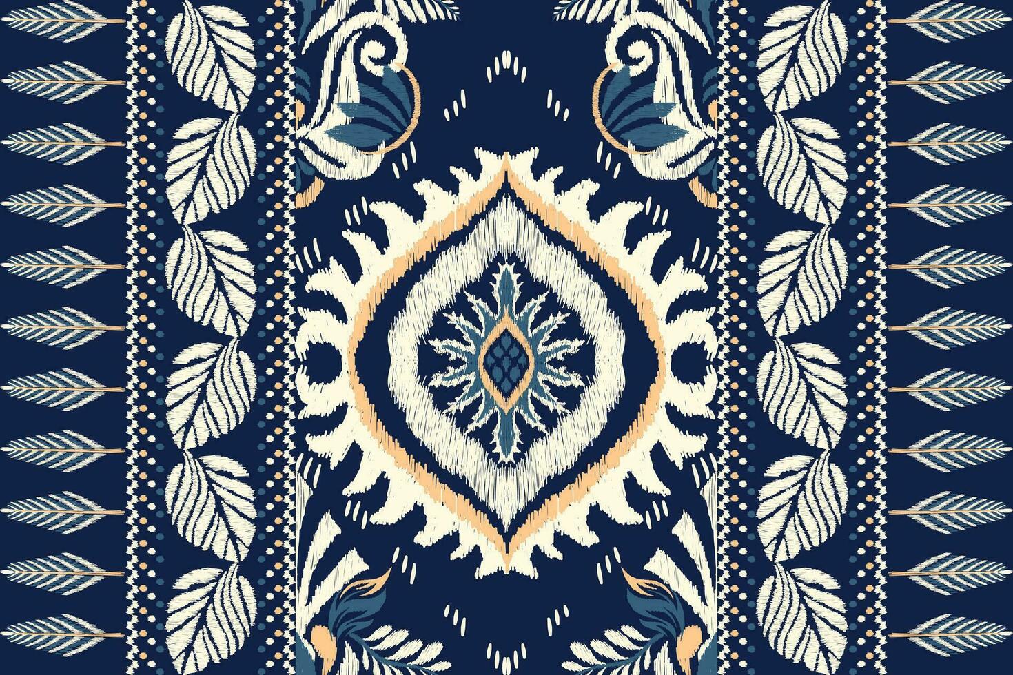 Ikat floral paisley embroidery on navy blue background.Ikat ethnic oriental pattern traditional.Aztec style abstract vector illustration.design for texture,fabric,clothing,wrapping,decoration,scarf.