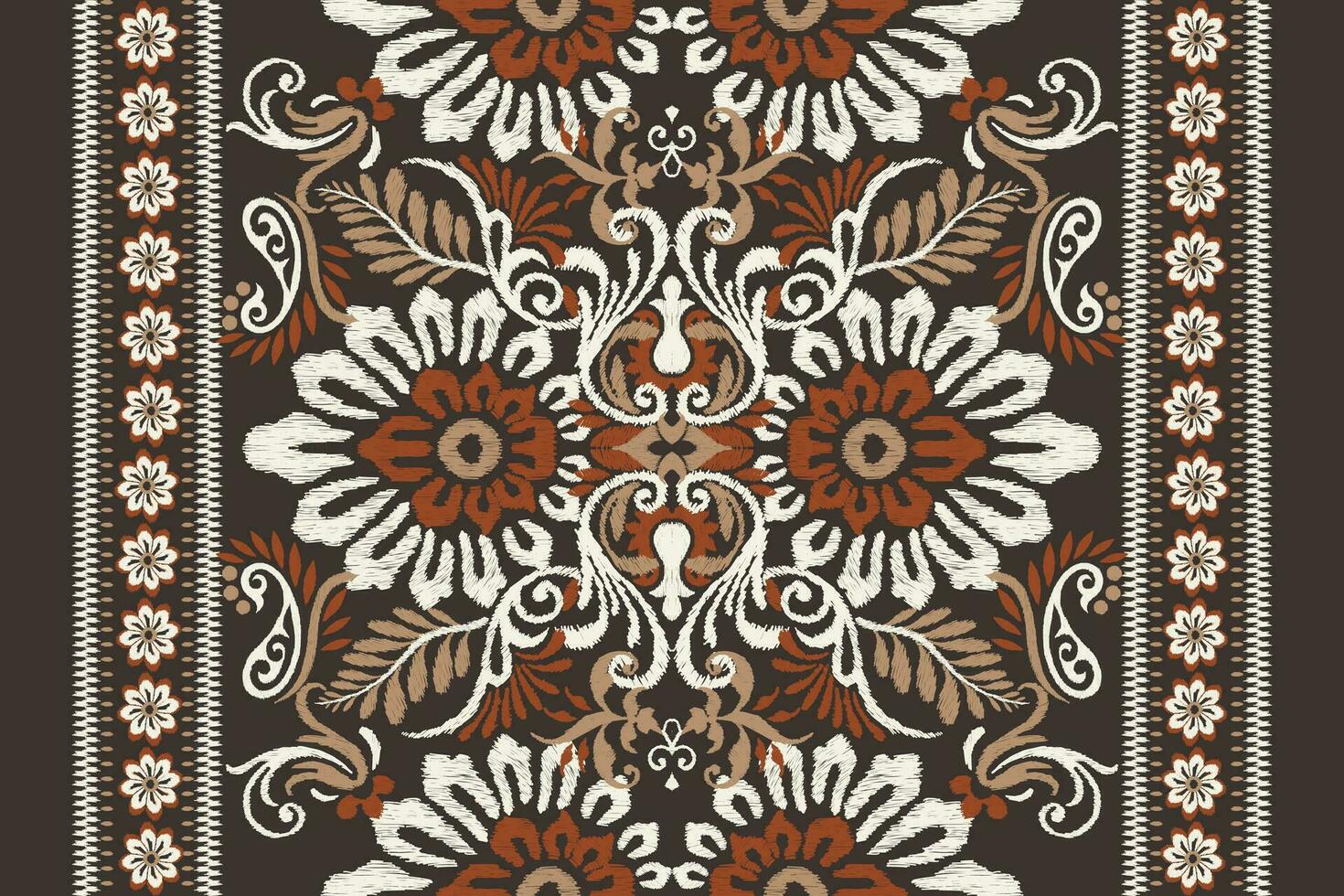Ikat floral paisley embroidery on brown background.Ikat ethnic oriental pattern traditional.Aztec style abstract vector illustration.design for texture,fabric,clothing,wrapping,decoration,scarf,carpet