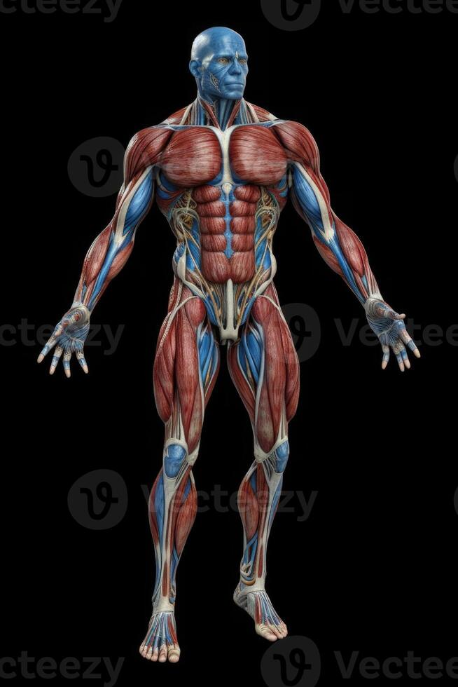 Anatomical human body with muscular and circulatory systems. photo