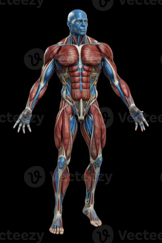 Anatomical human body with muscular and circulatory systems. Generative AI photo