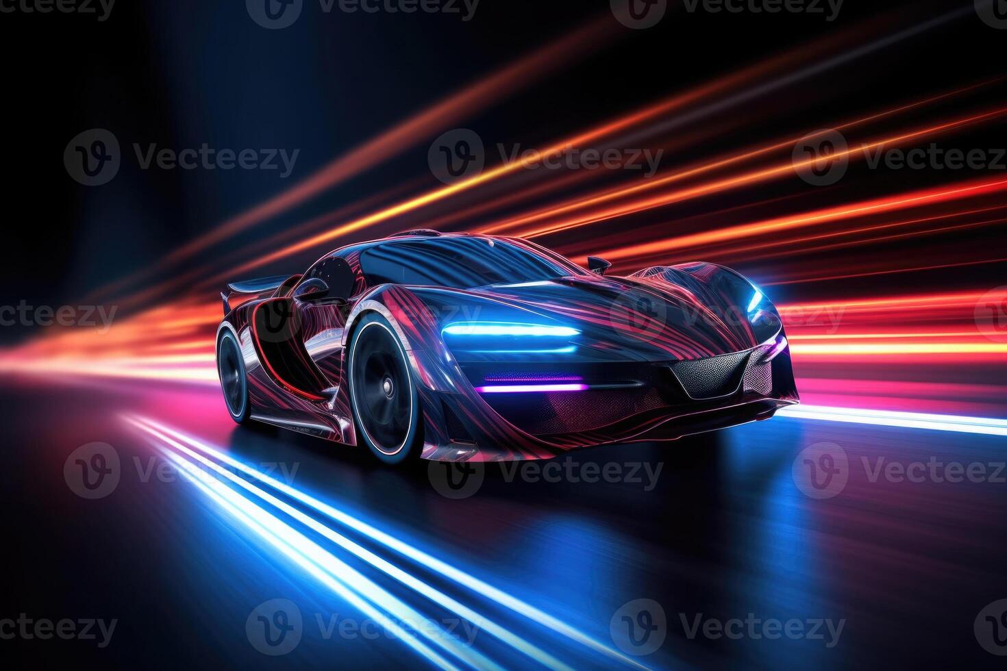 Futuristic sport car at road with motion blur light effect. photo