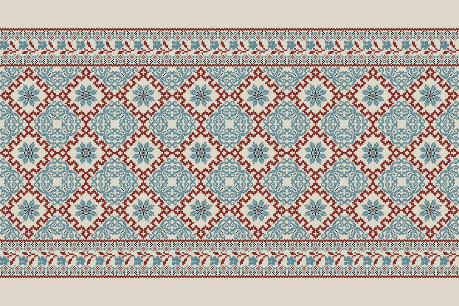 Floral Cross Stitch Embroidery on gray background.geometric ethnic orientalist pattern traditional.Aztec style abstract vector illustration.design for texture,fabric,clothing,wrapping,decoration,scarf