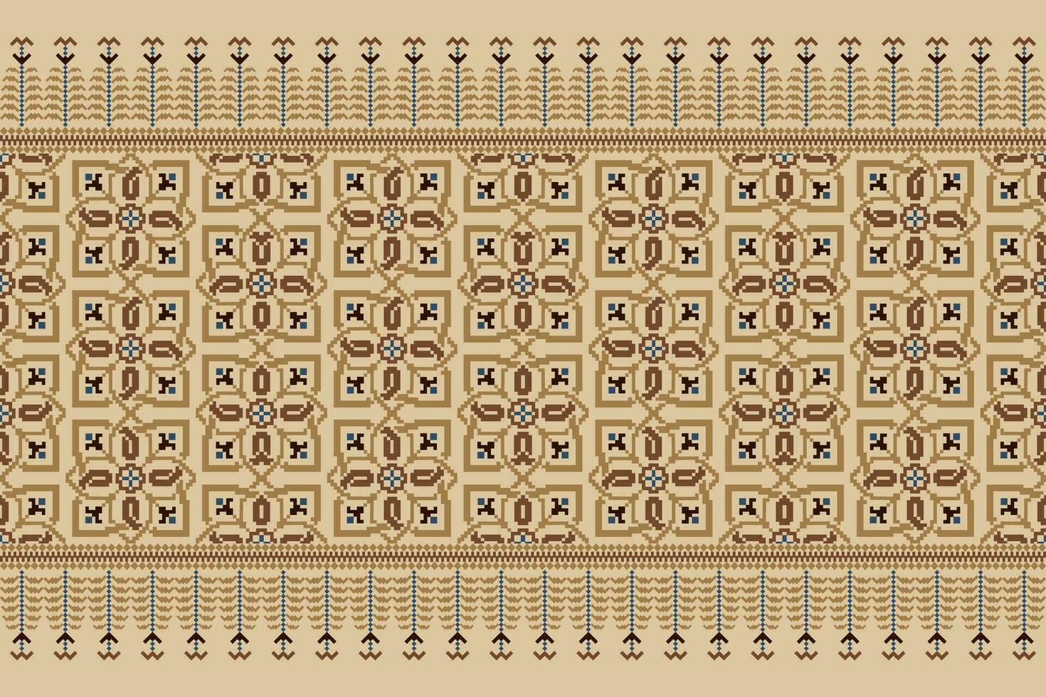 Floral Cross Stitch Embroidery on brown background.geometric ethnic oriental pattern traditional.Aztec style abstract vector illustration.design for texture,fabric,clothing,wrapping,decoration,sarong.