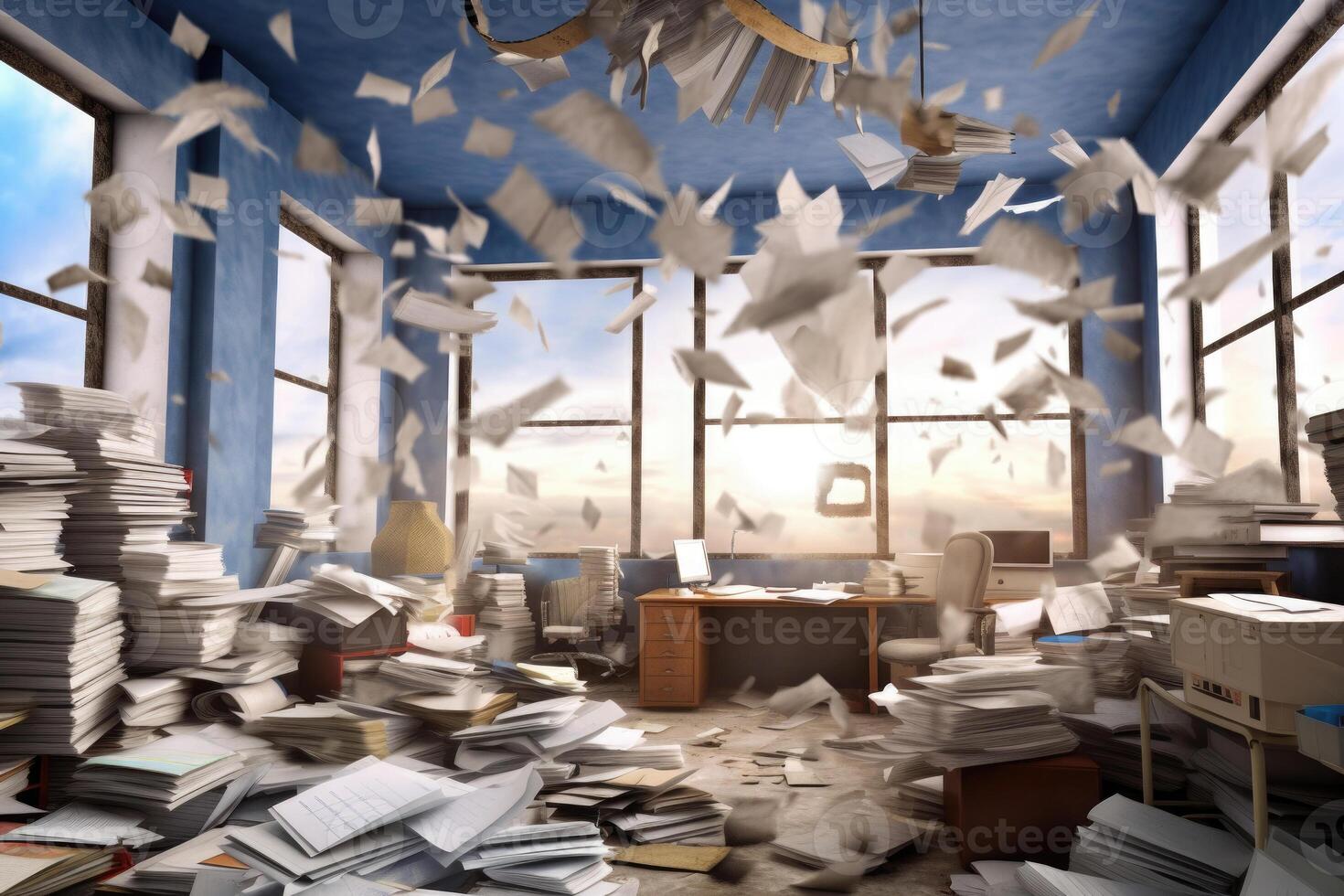 Documents flying over workplace. Clutter in office. photo
