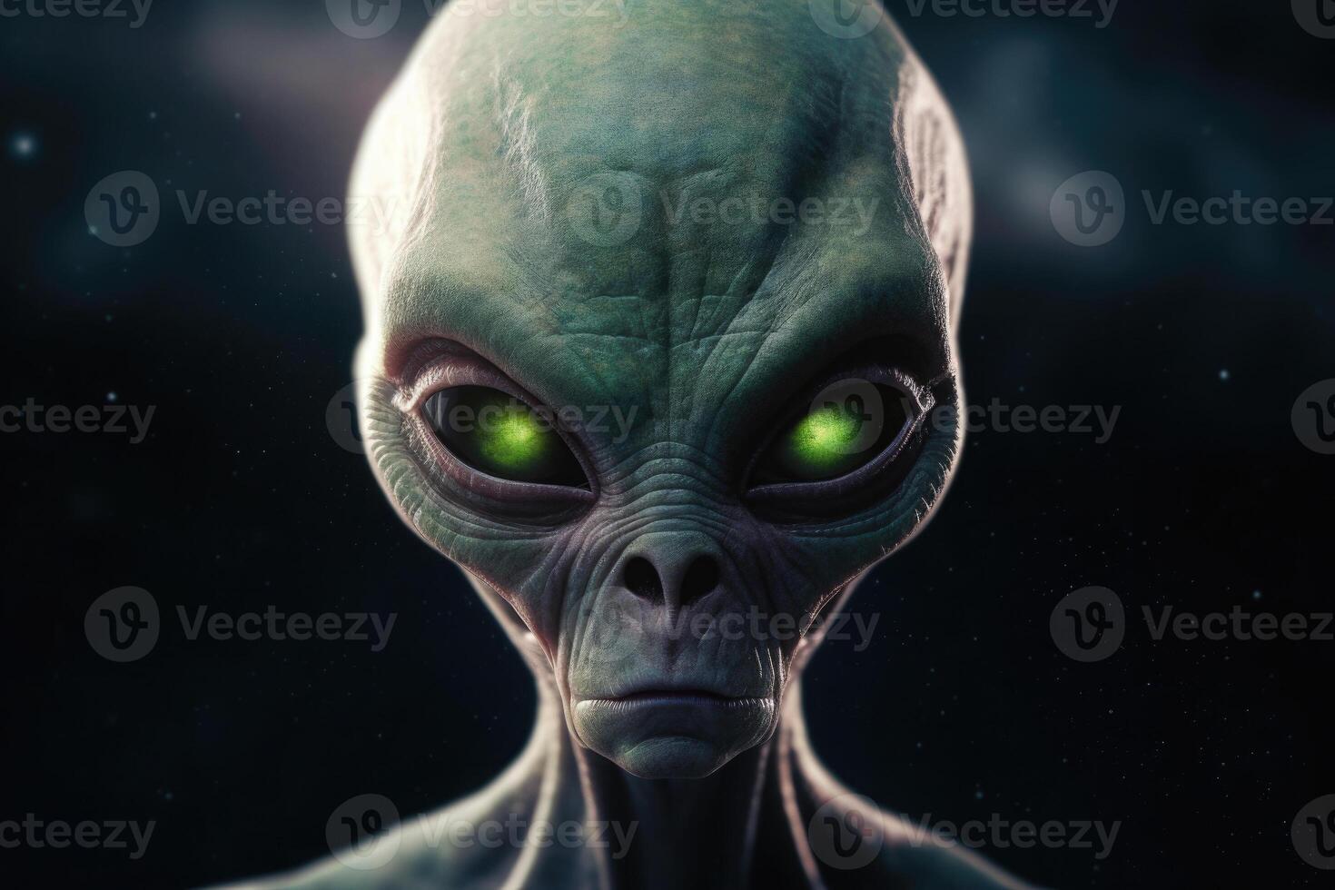 Alien humanoid shows peace gesture on dark background. photo