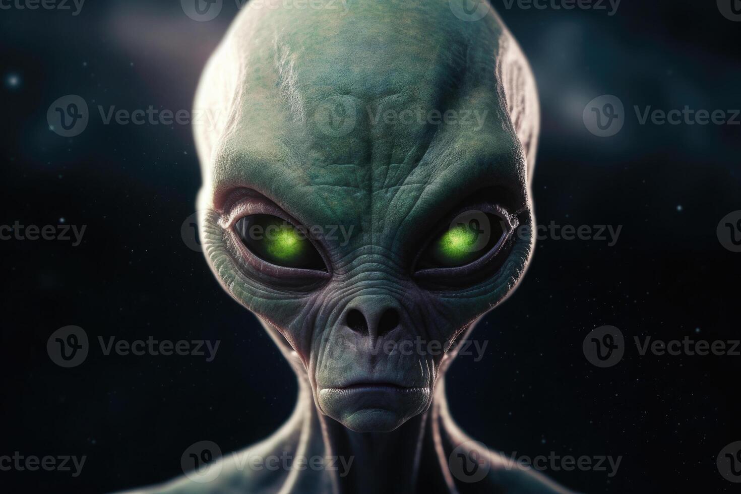 Alien humanoid shows peace gesture on dark background. Generative AI photo