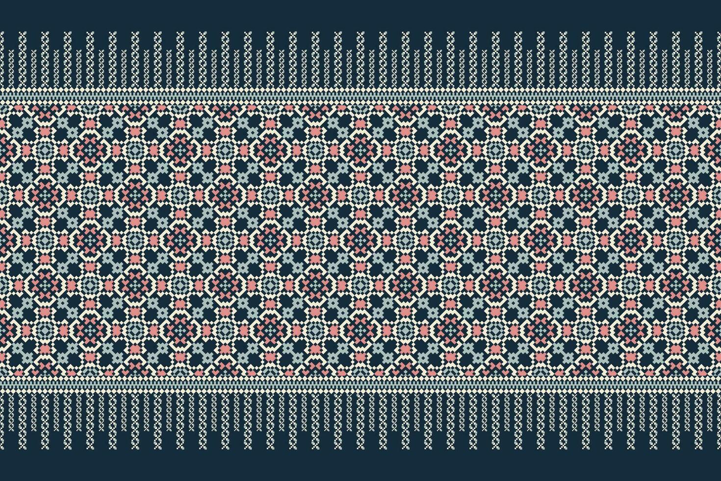 Floral Cross Stitch Embroidery on navy blue background.geometric ethnic oriental pattern traditional.Aztec style abstract vector illustration.design for texture,fabric,clothing,wrapping,decoration.