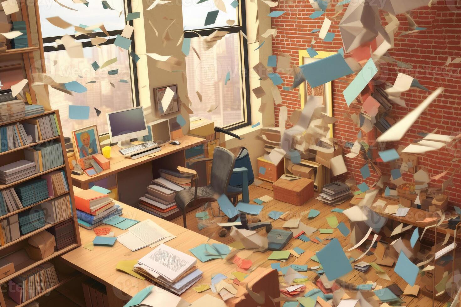 Documents flying over workplace. Clutter in office. photo