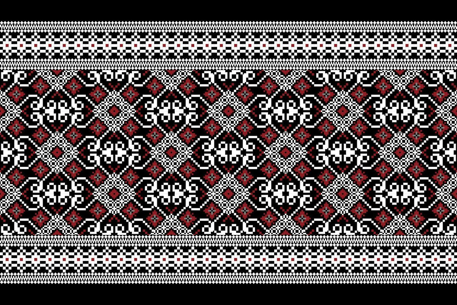 Floral Cross Stitch Embroidery on black background.geometric ethnic oriental pattern traditional.Aztec style abstract vector illustration.design for texture,fabric,clothing,wrapping,decoration,scarf.
