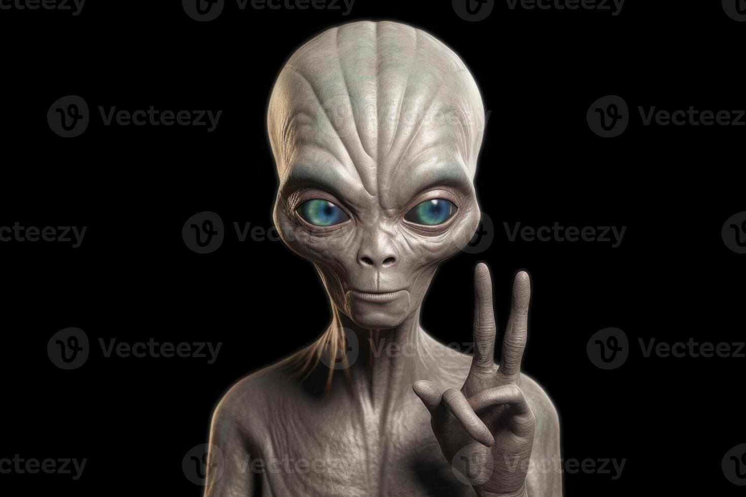 Alien humanoid shows peace gesture on dark background. photo