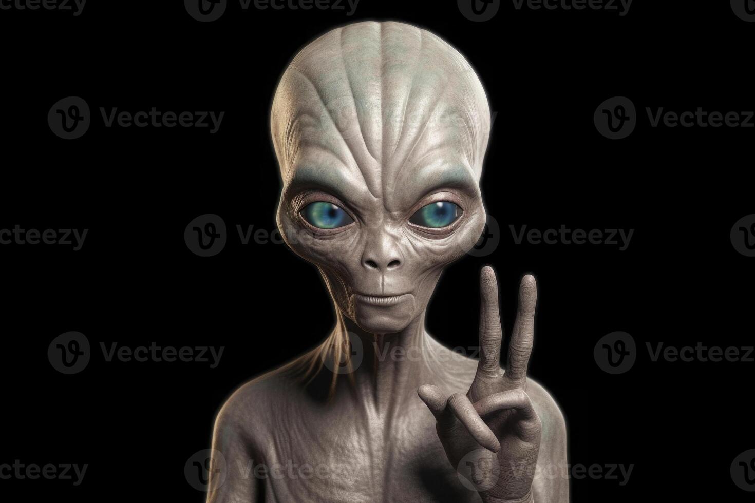 Alien humanoid shows peace gesture on dark background. Generative AI photo