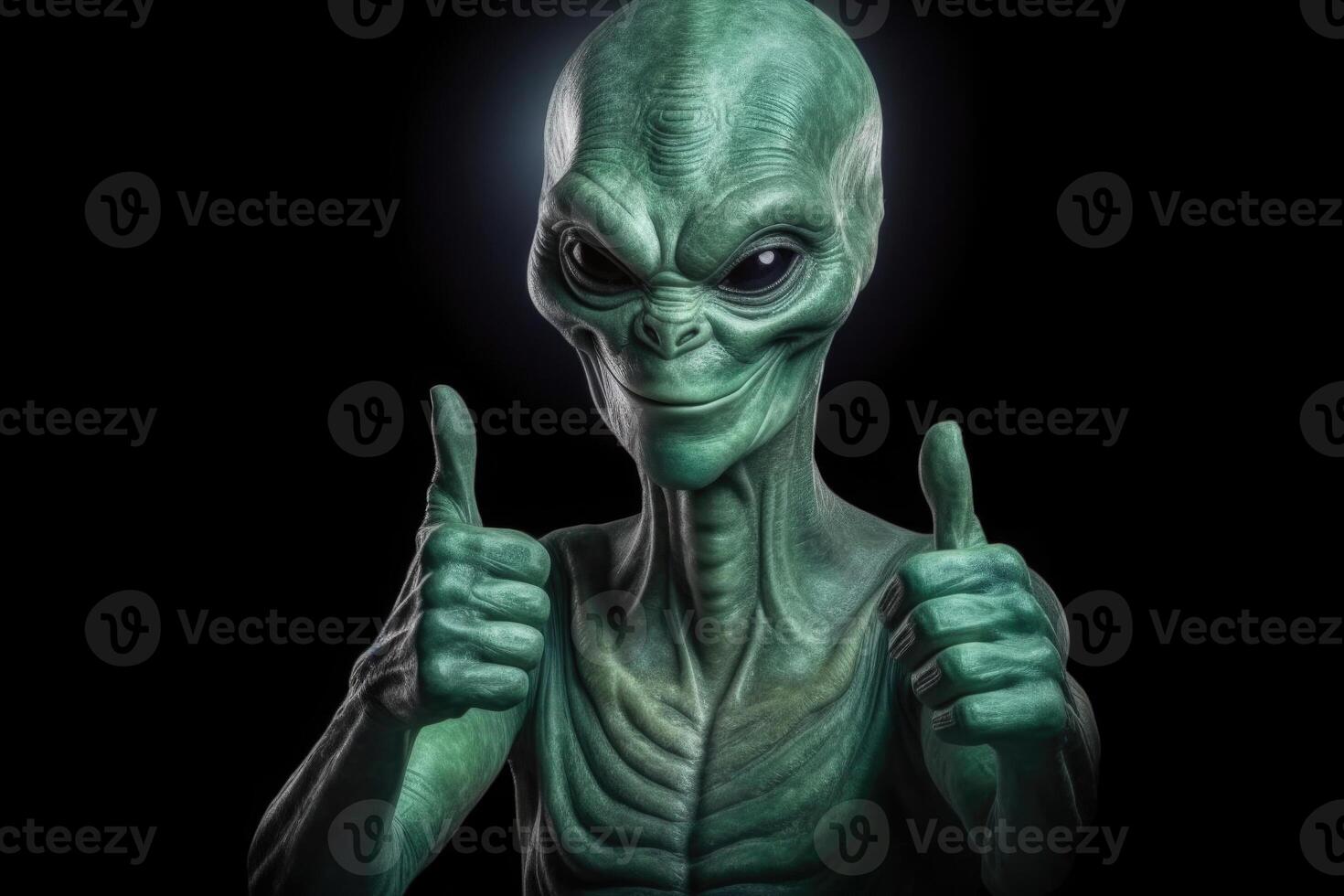 Alien humanoid shows thumb up gesture on dark background. photo