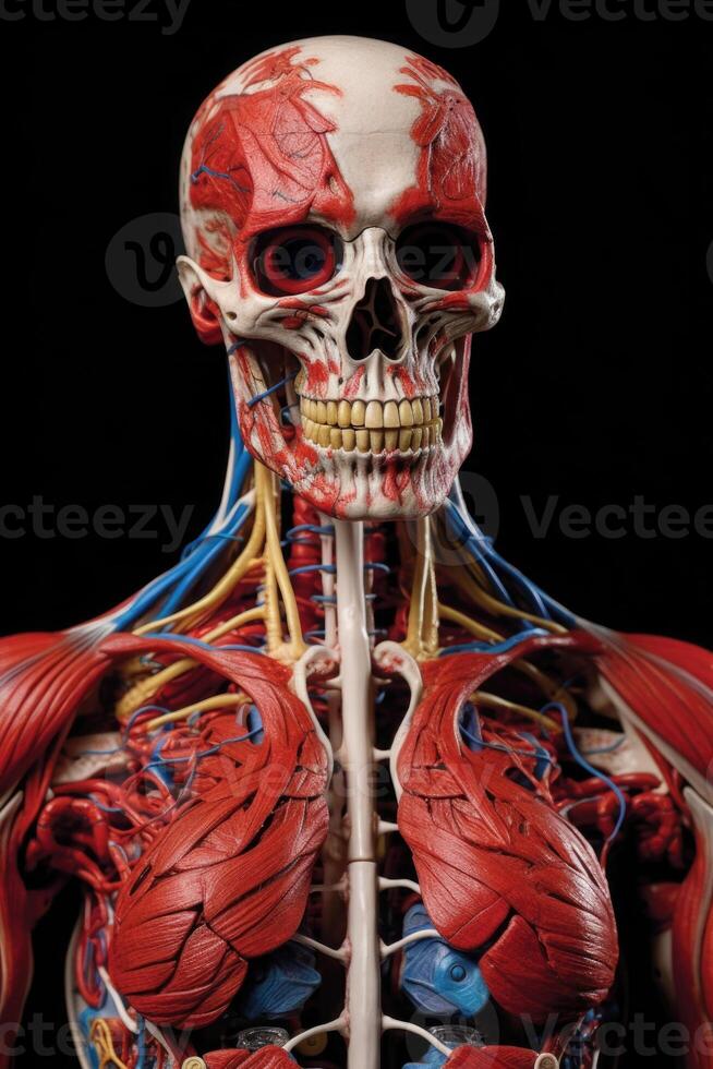 Anatomical human body with muscular and circulatory systems. Generative AI photo