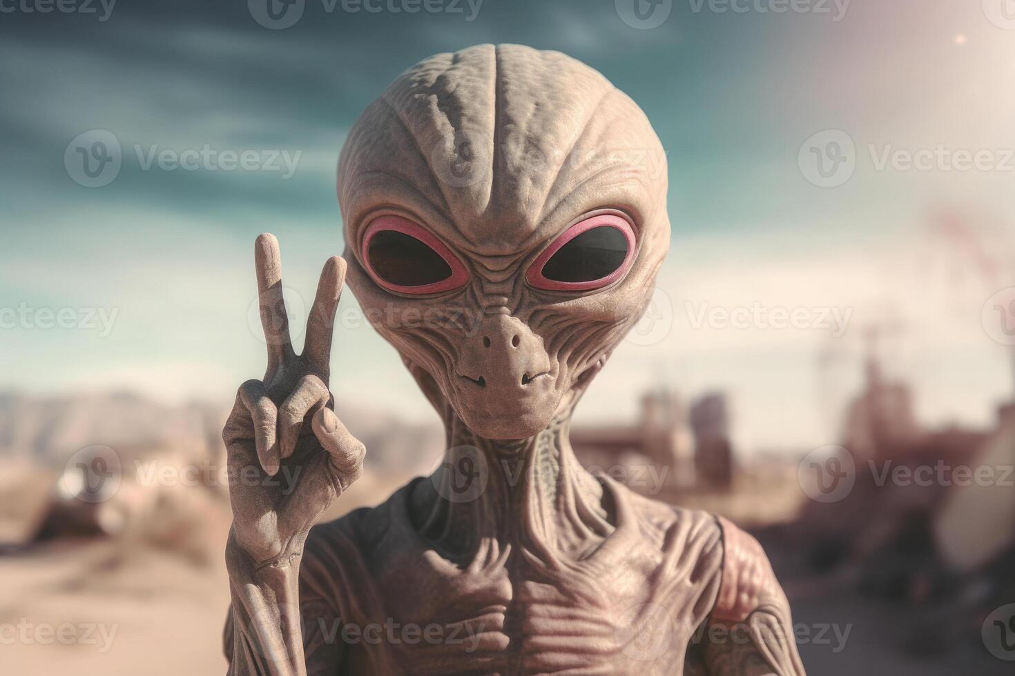 Alien humanoid shows peace gesture on dark background. photo