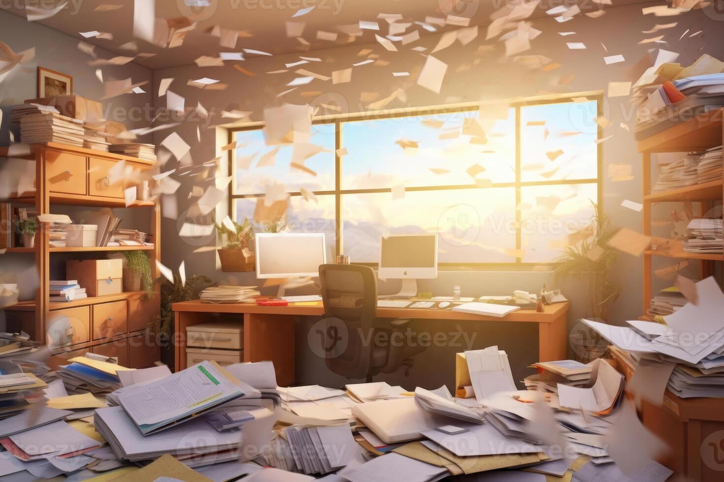 Documents flying over workplace. Clutter in office. Generative AI photo