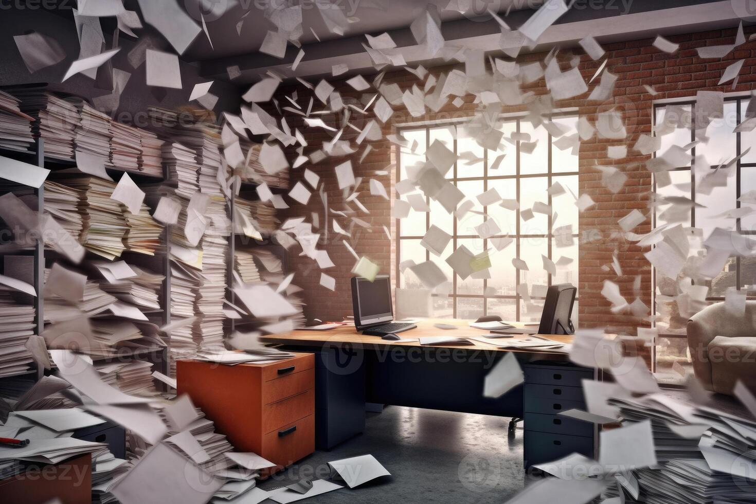 Documents flying over workplace. Clutter in office. photo