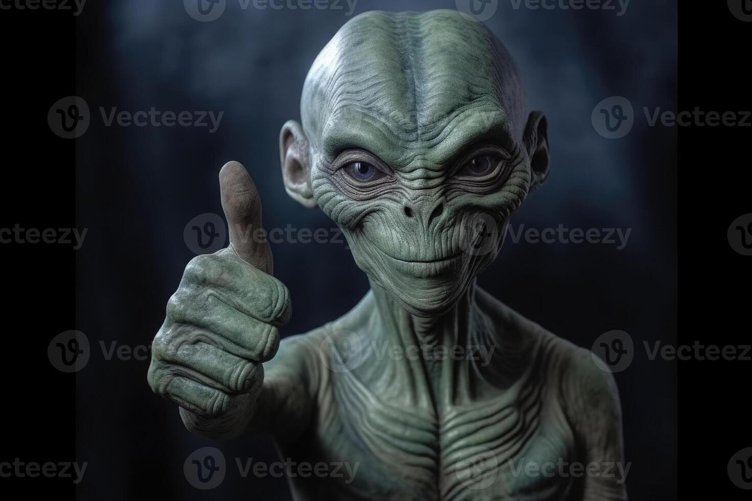 Alien humanoid shows thumb up gesture on dark background. Generative AI photo