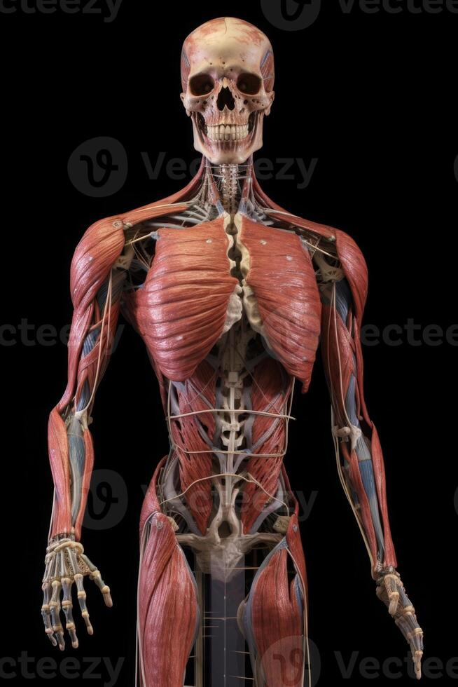 Anatomical human body with muscular and circulatory systems. photo