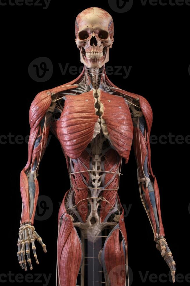 anatómico humano cuerpo con muscular y circulatorio sistemas generativo ai foto