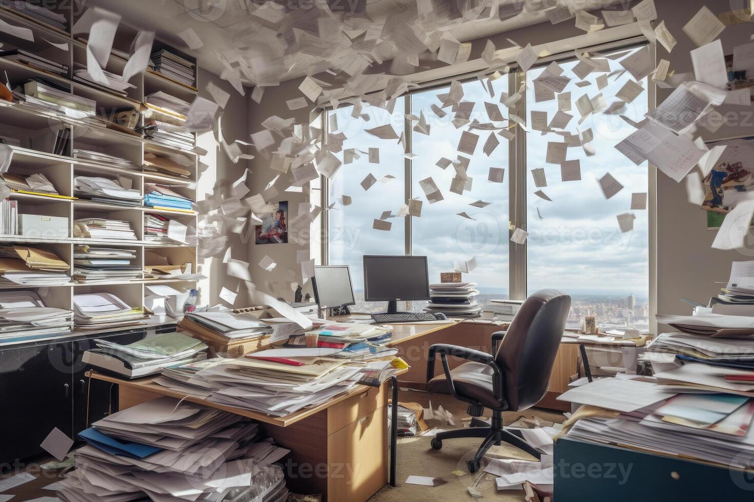 Documents flying over workplace. Clutter in office. photo