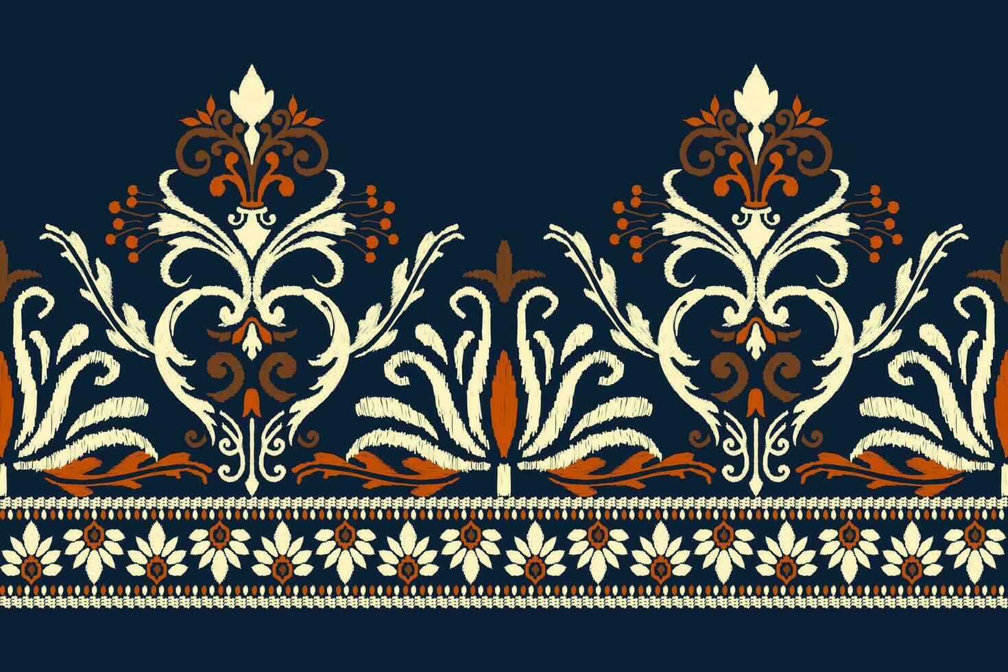 Ikat floral paisley embroidery on navy blue background.Ikat ethnic oriental pattern traditional.Aztec style abstract vector illustration.design for texture,fabric,clothing,wrapping,decoration,sarong.